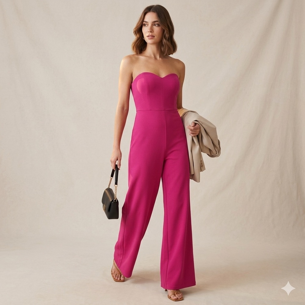 Lulus Strapless Jumpsuit M Magenta Wide‎ Leg Formal Barbiecore Wedding Party